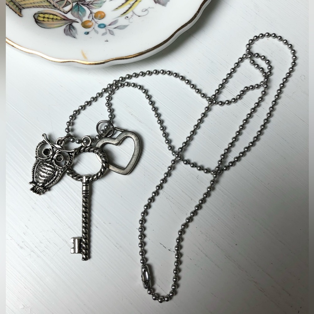 Silver Skeleton Whimsical Key Owl & Heart Charms Bead Chain Necklace